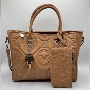 Valentino Orlandi Extra Large Quilted Tote Bag with Wristlet NTW Brown/ Tan